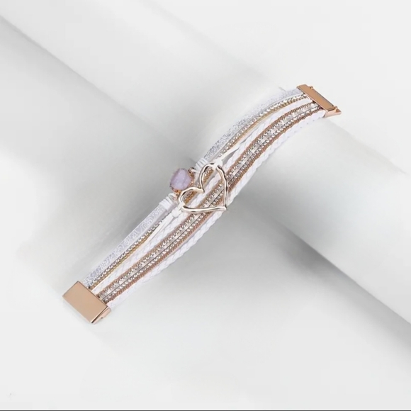 Boho Tribal Multi-layer PU Leather Rhinestone Heart Bracelet w/ Magnetic Buckle - Picture 5 of 8